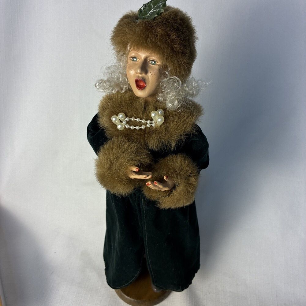 Vintage Woman Caroler With Furry Hat n Trim n Jewelry Figurine Holiday Christmas